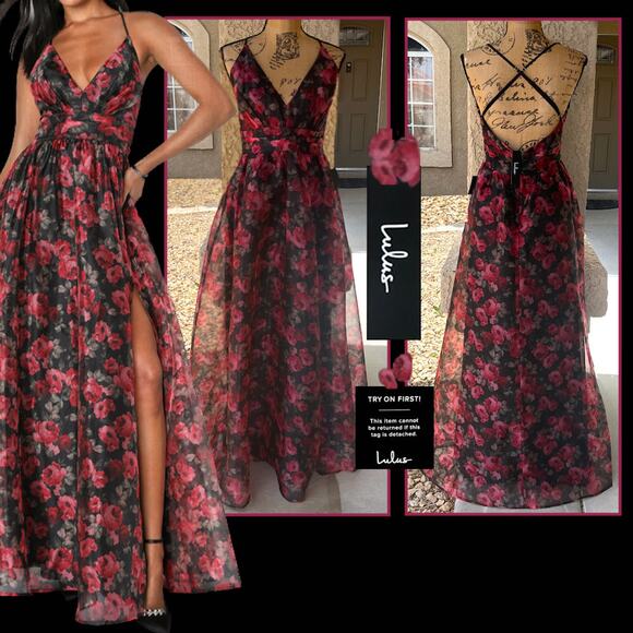 Lulus Floral Open Back Organza Simply Divine Maxi Dress Size XL NEW - Picture 1 of 11